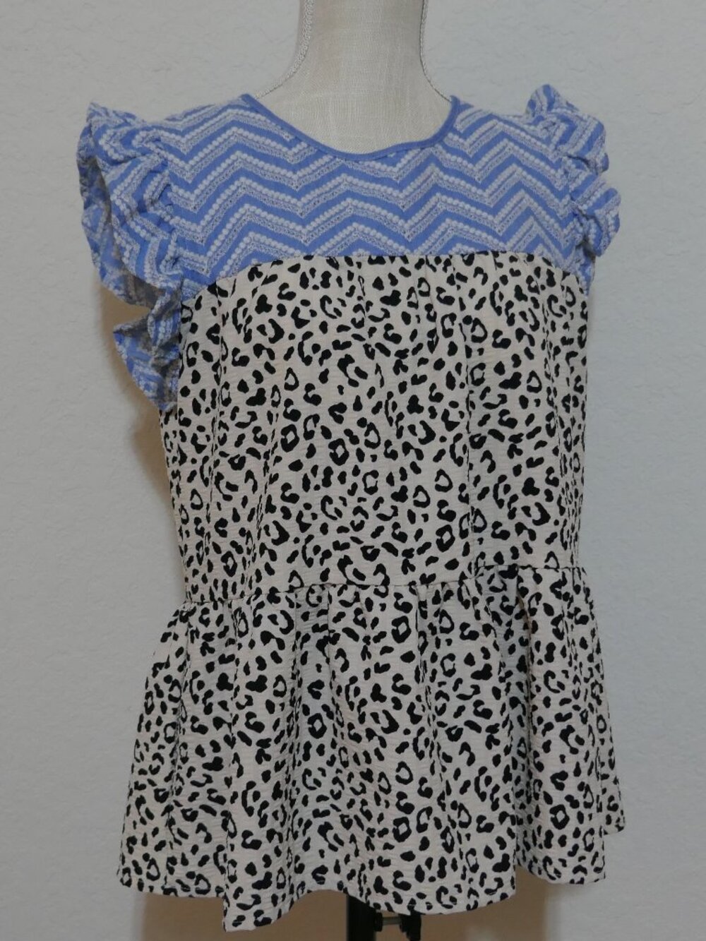 THML Anthropologie Leopard Print Mixed Media Peplum Top Blue Embroidery Large